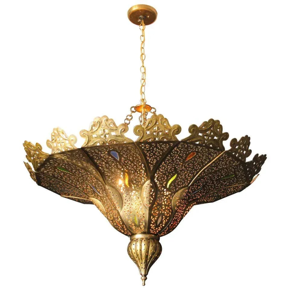 Vintage Moroccan Chandelier Moorish Brass With Multicolor Glass - 13