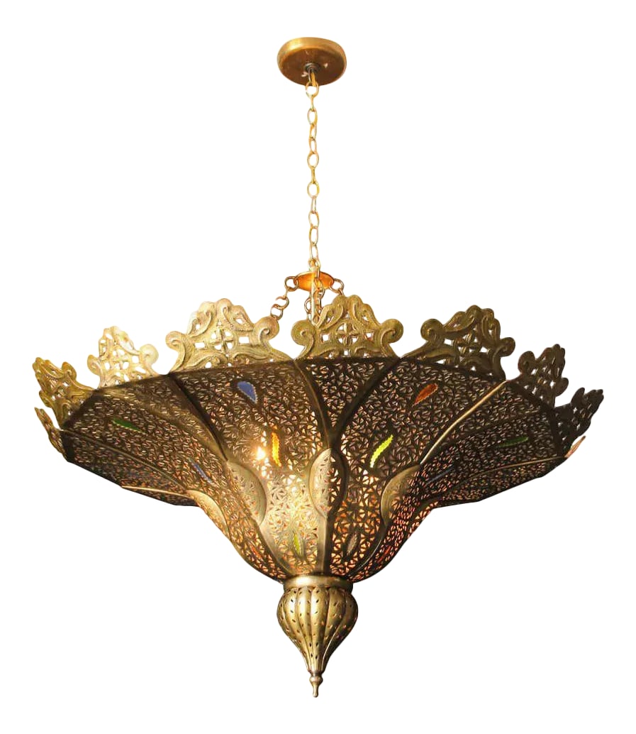 Vintage Moroccan Chandelier Moorish Brass With Multicolor Glass: Moroccan Moorish brass chandelier in Alberto Pinto style. The Pasha Moroccan chandelier is finely handcrafted and chiseled with Moorish motifs. Handmade of brass with some hand blown decorative colore