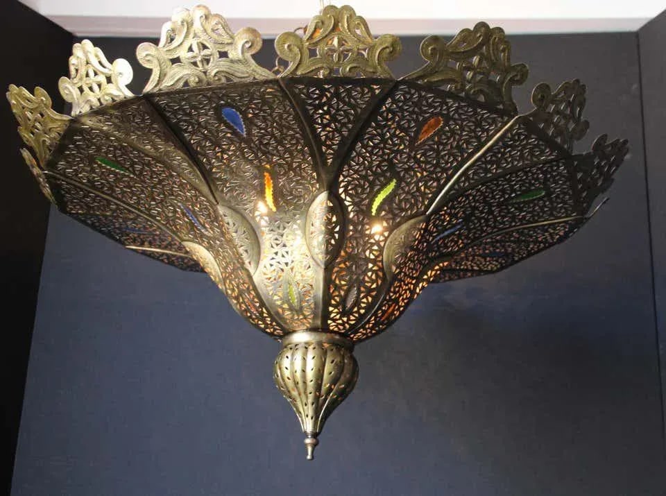 Vintage Moroccan Chandelier Moorish Brass With Multicolor Glass - 2
