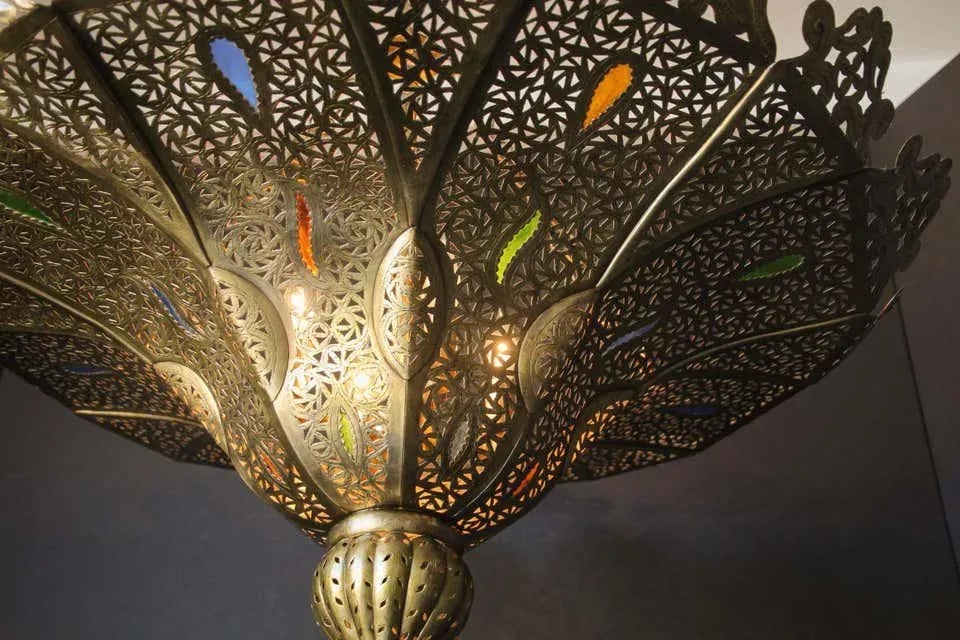 Vintage Moroccan Chandelier Moorish Brass With Multicolor Glass - 3