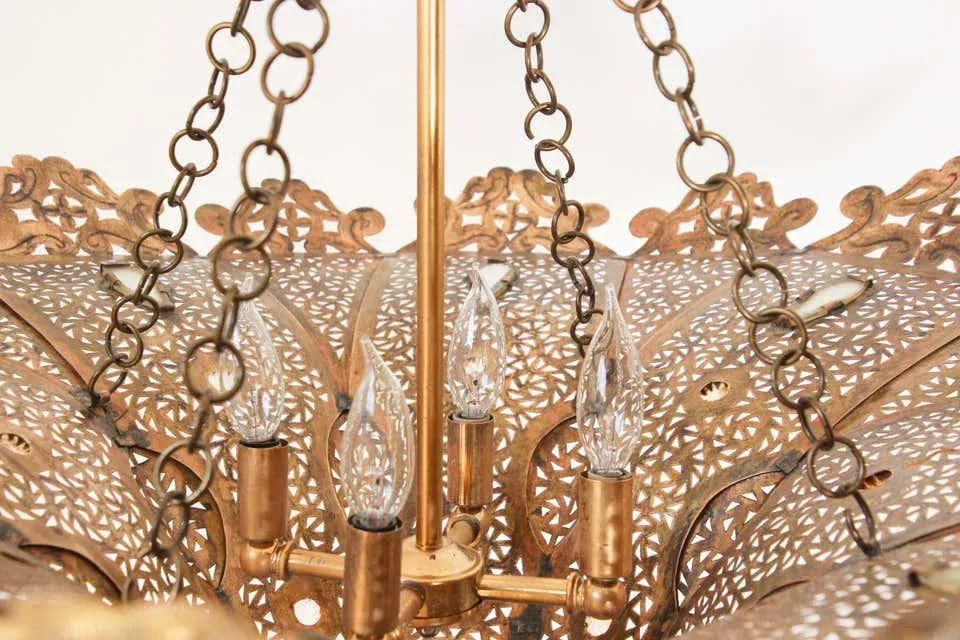 Vintage Moroccan Chandelier Moorish Brass With Multicolor Glass - 4
