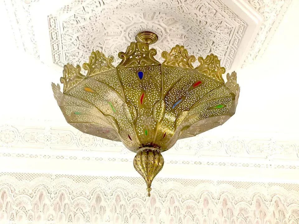 Vintage Moroccan Chandelier Moorish Brass With Multicolor Glass - 5