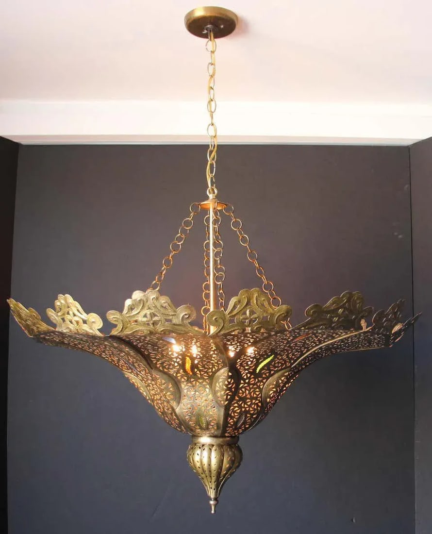 Vintage Moroccan Chandelier Moorish Brass With Multicolor Glass - 6