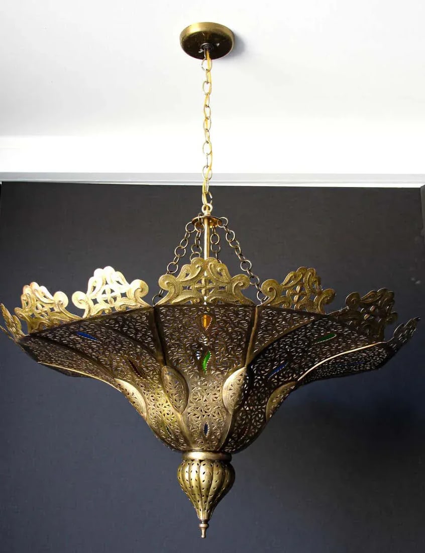 Vintage Moroccan Chandelier Moorish Brass With Multicolor Glass - 7