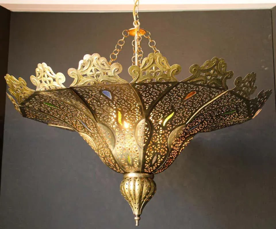 Vintage Moroccan Chandelier Moorish Brass With Multicolor Glass - 8