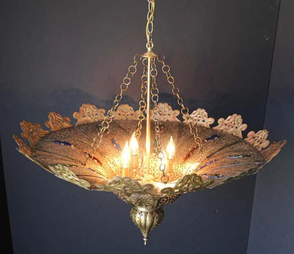 Vintage Moroccan Chandelier Moorish Brass With Multicolor Glass - 9