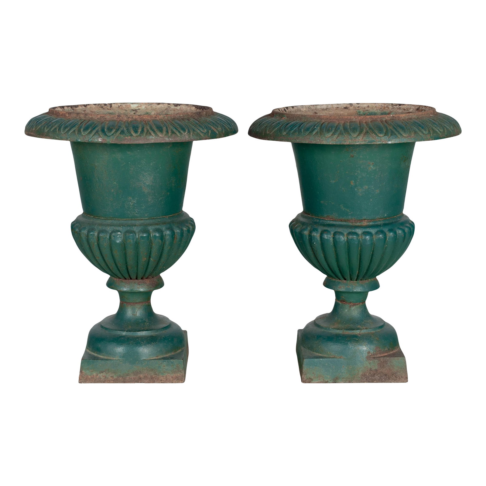 Pair of French Cast Iron Garden Urns: A pair of French green painted cast iron Medici style garden urn planters with green painted patina. Cast in two parts with urn bolted to the pedestal base. Minor paint loss and some rusting. Circa 19