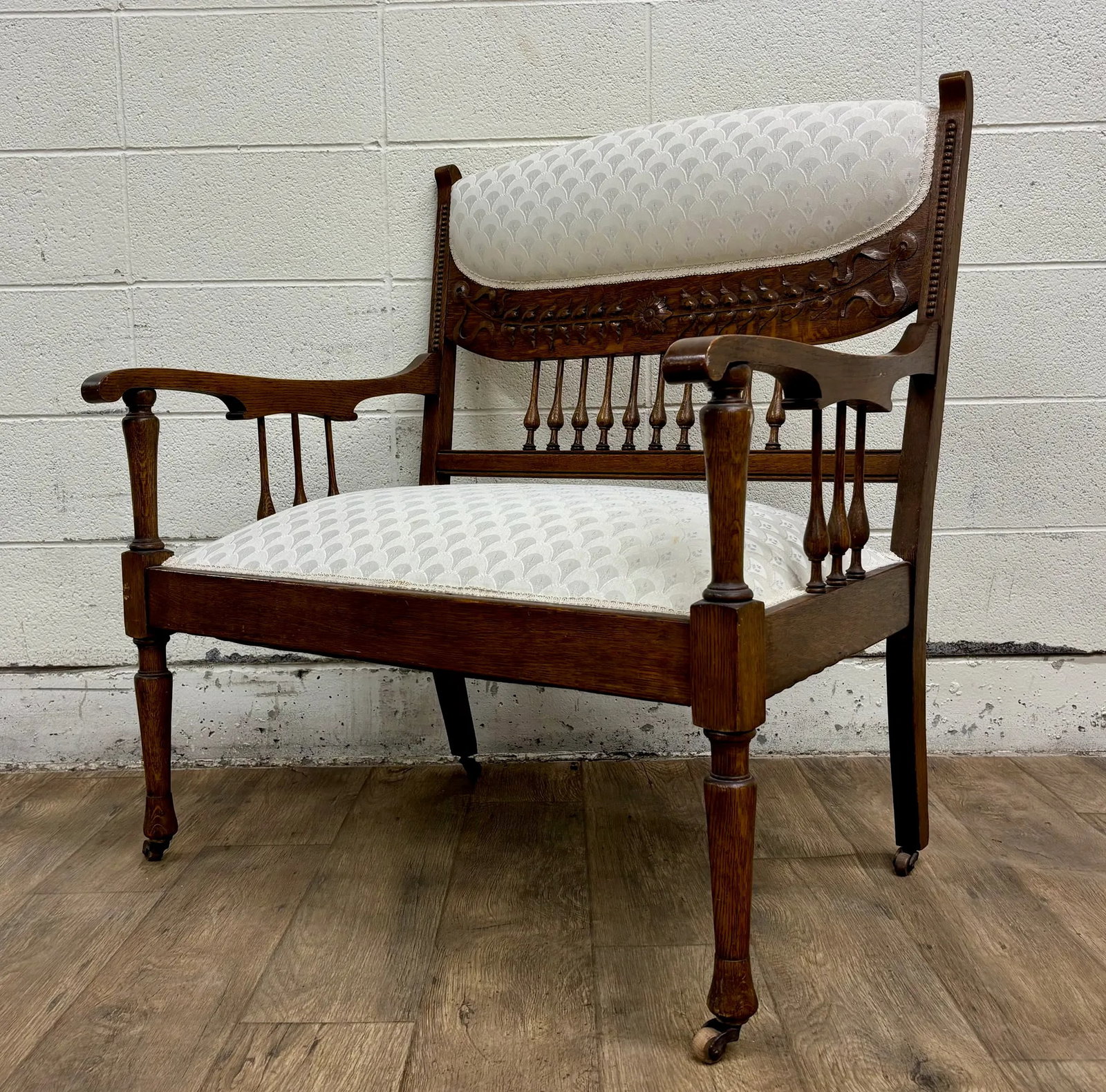 Antique Carved Spindle Back Carved Upholstered Settee - 10