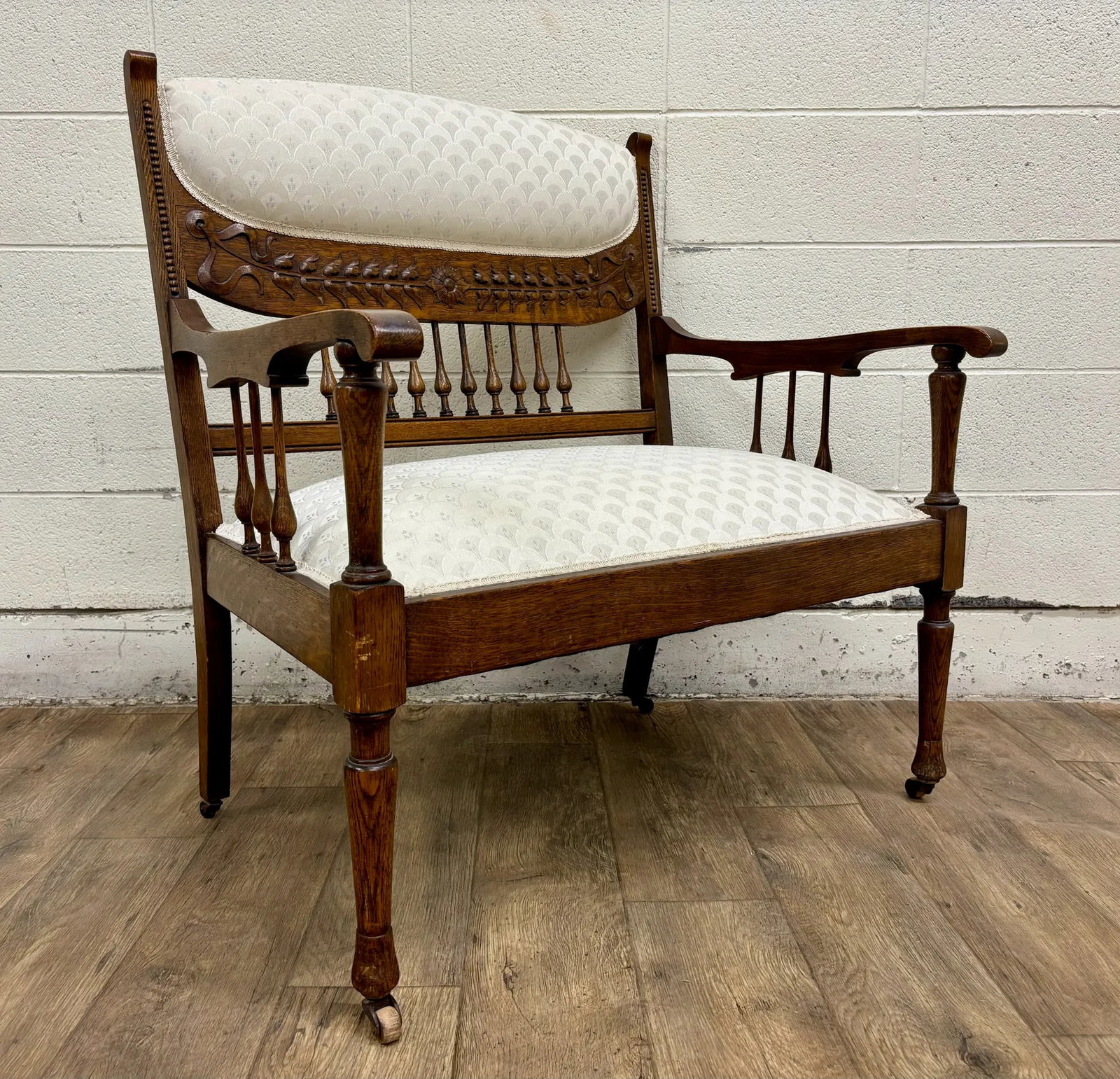 Antique Carved Spindle Back Carved Upholstered Settee - 2