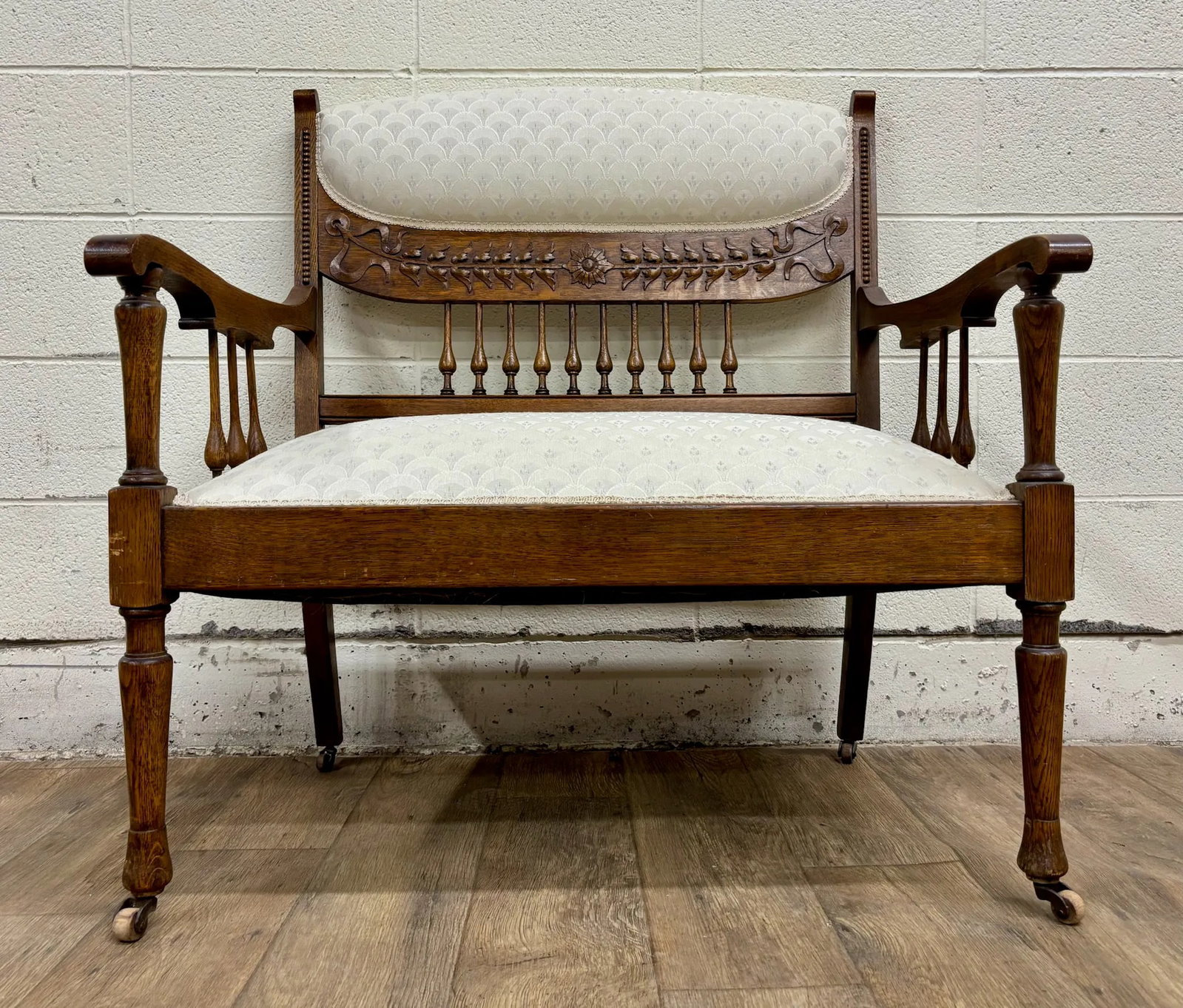 Antique Carved Spindle Back Carved Upholstered Settee - 3