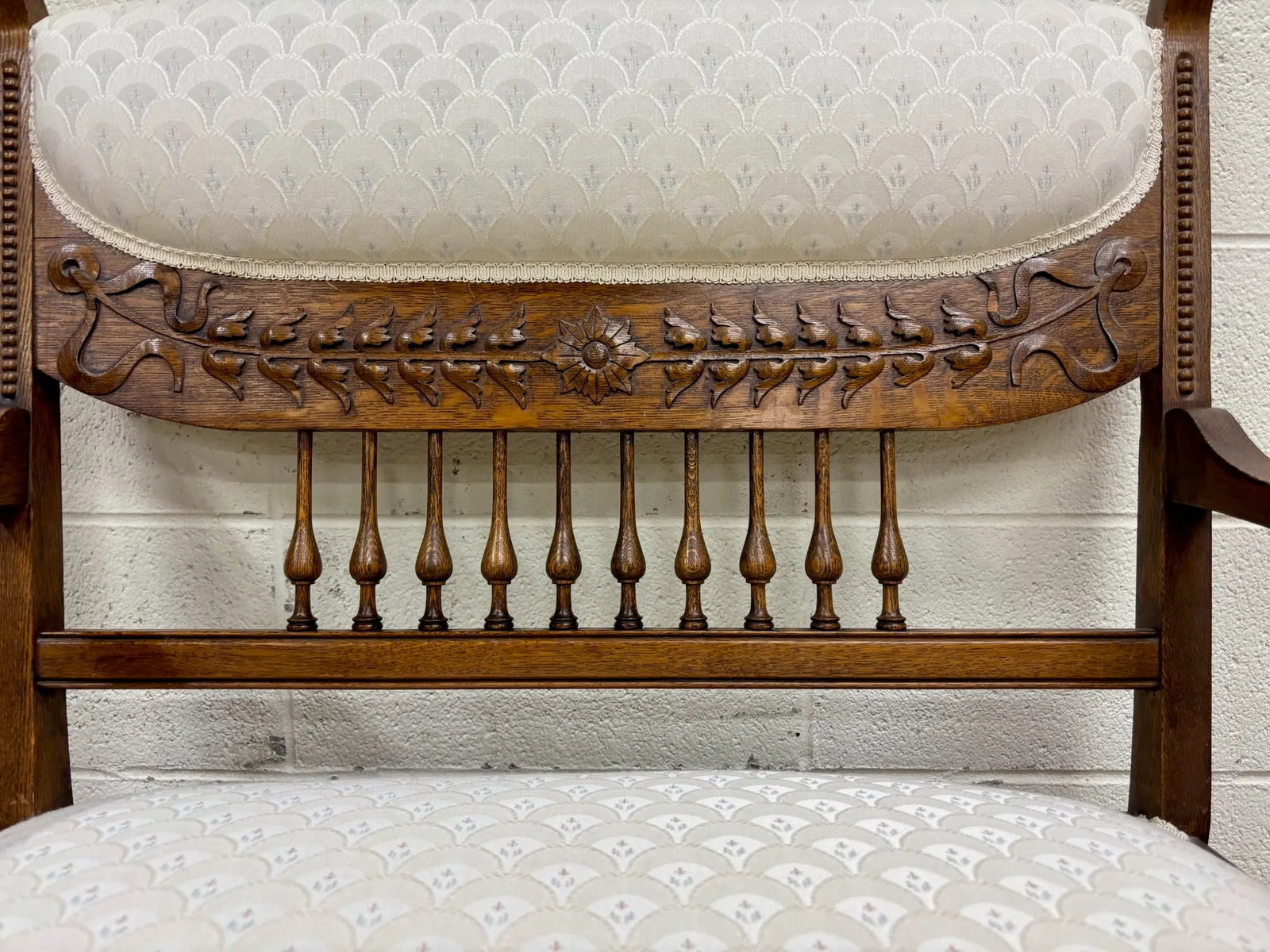 Antique Carved Spindle Back Carved Upholstered Settee - 4