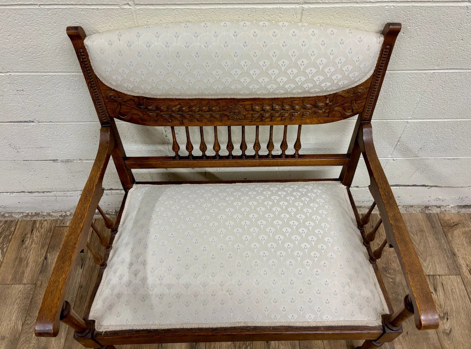 Antique Carved Spindle Back Carved Upholstered Settee - 6