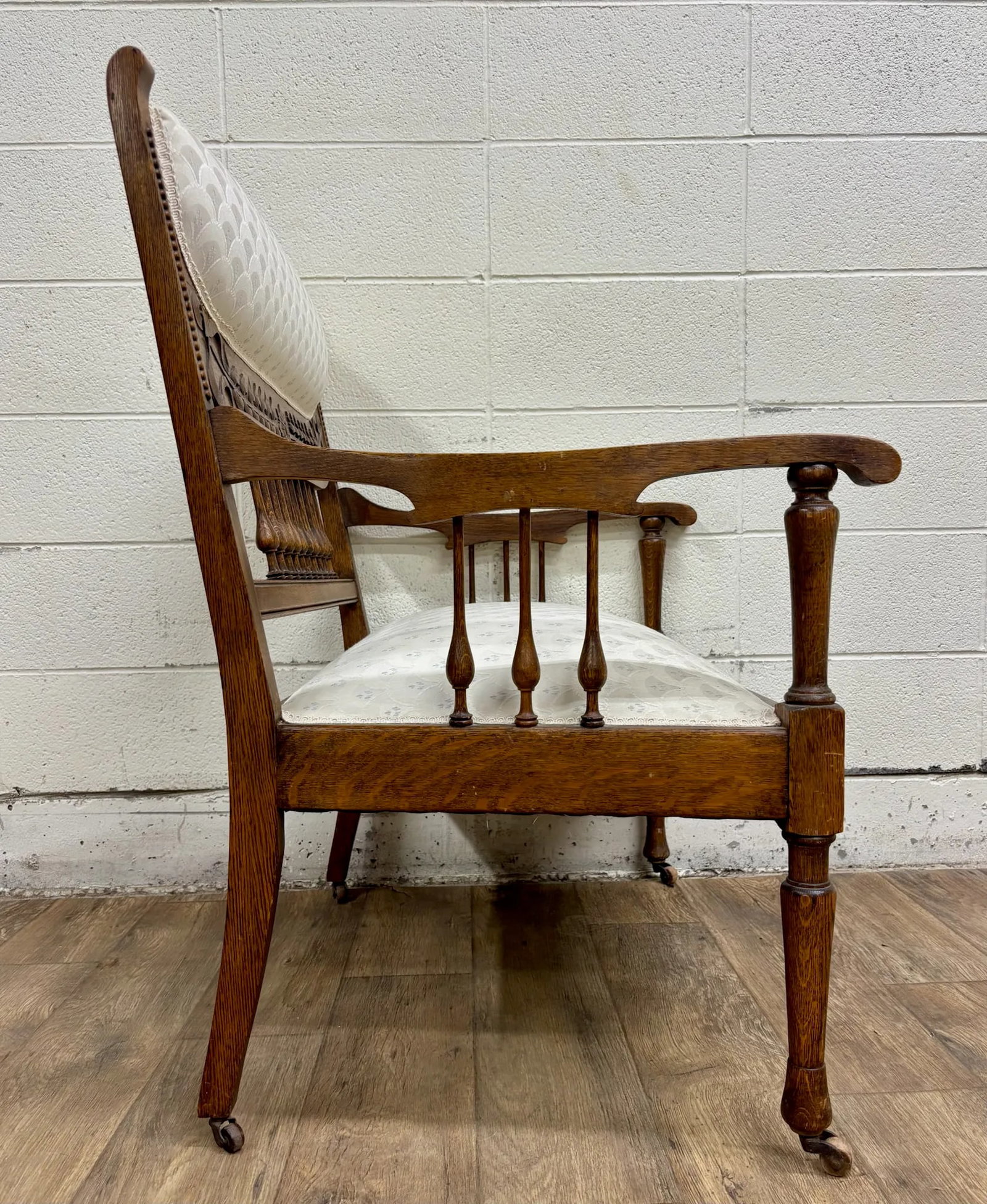 Antique Carved Spindle Back Carved Upholstered Settee - 7