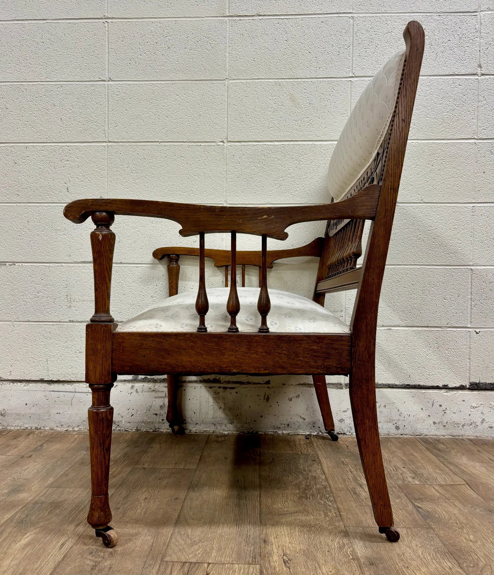 Antique Carved Spindle Back Carved Upholstered Settee - 8
