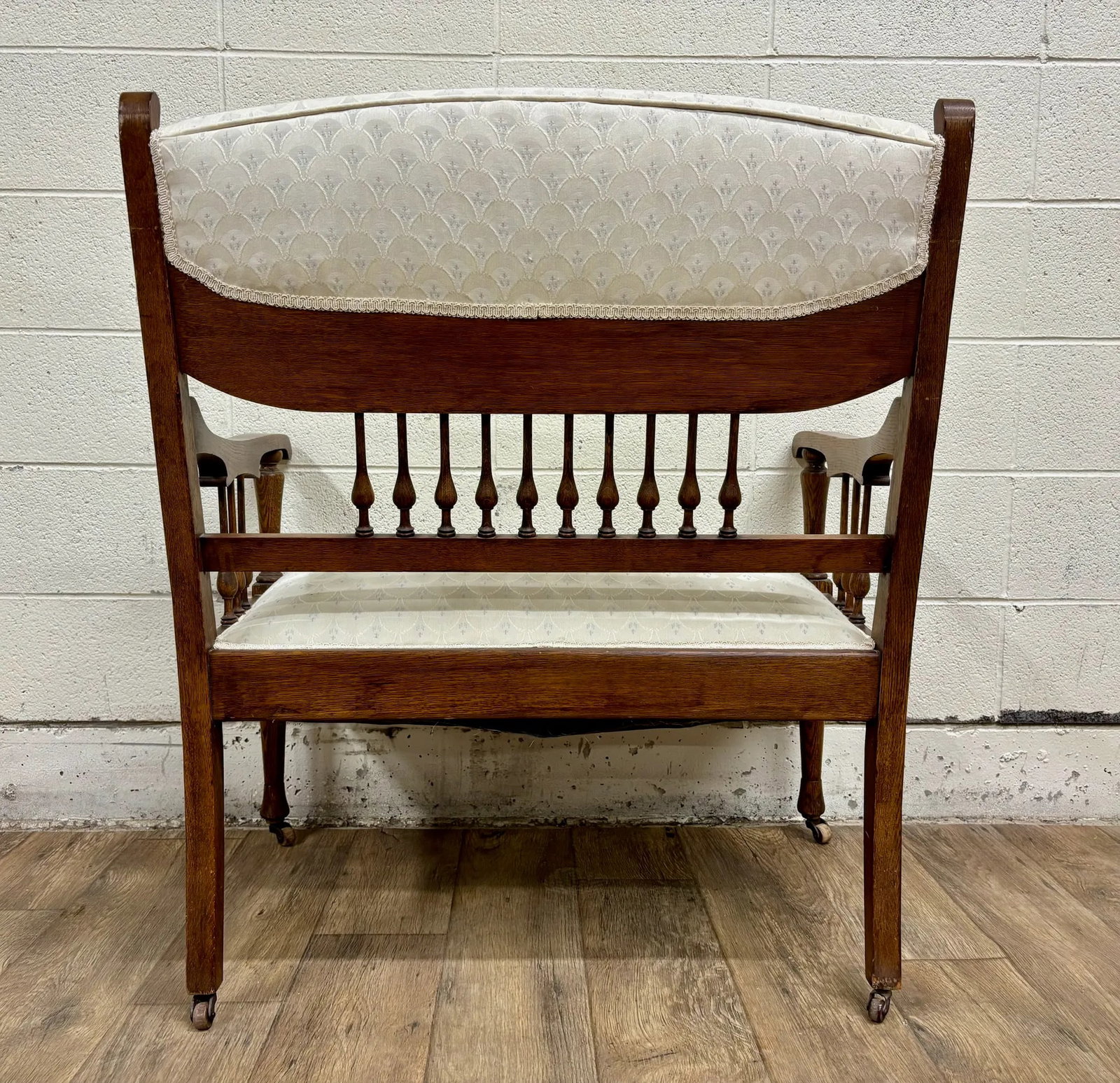 Antique Carved Spindle Back Carved Upholstered Settee - 9