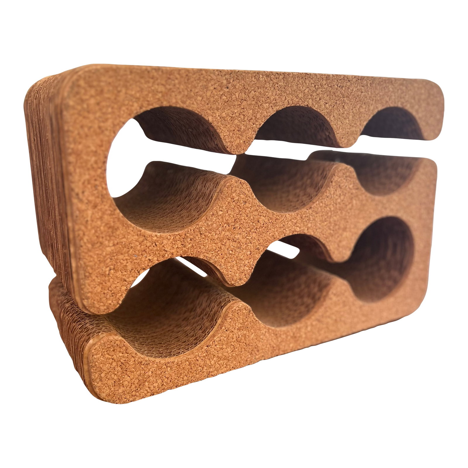 1980s Frank Gehry Easy Edges Cork and Cardboard Six Bottle Wine Holder: Late 20th Century Cork and Cardboard "Easy Edges" 6 Bottle Wine Rack. In the manner of Frank Gehry. Featuring a sturdy rectangular layered Cork faced Corrogated cardboard form with clever cut-outs.