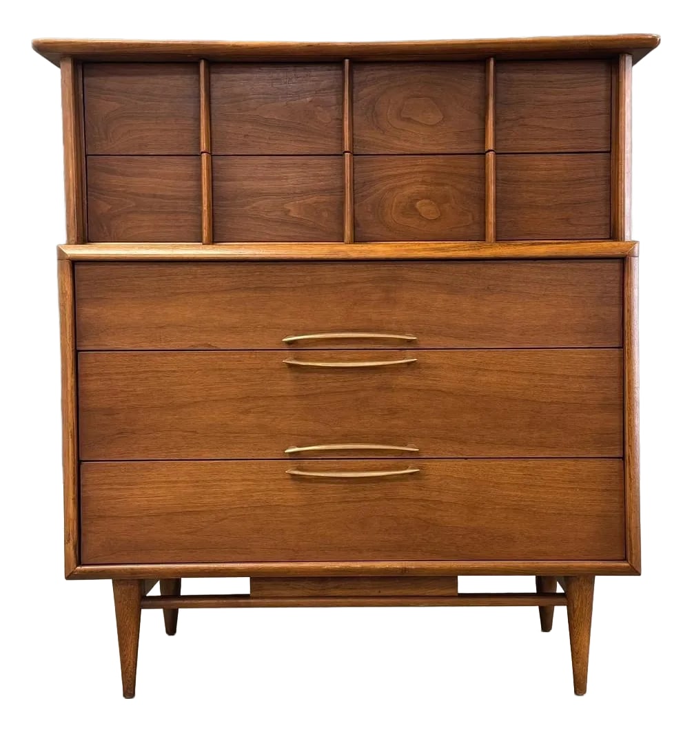 1960s Kent Coffey Foreteller Walnut Tall Dresser: A mid century modern walnut tall dresser with brass drawer pulls by Kent Coffey Foreteller. Original finish. Made in USA. 39" wide. 20" deep. 44.75" tall. Condition: Alterations: Restored
