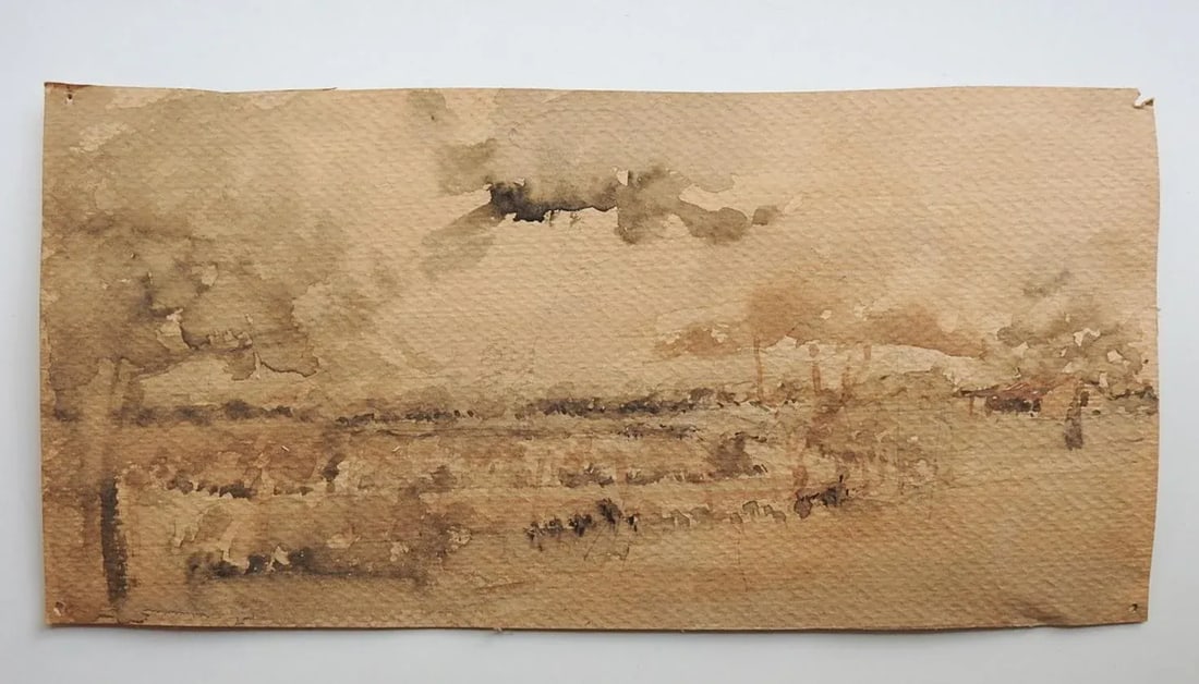Small Mid 20th Century Sepia Toned Landscape Watercolor Painting - 3