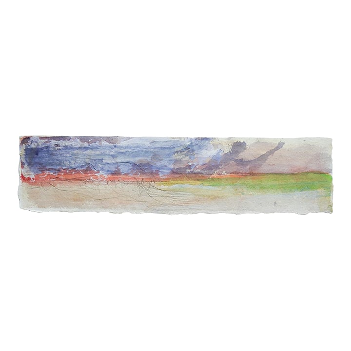 Contemporary Abstract Eggplant Green Landscape Painting: Early 21st century long-format abstract landscape using watercolor and pencil on heavy watercolor paper by George Turner (1943-2014) pale eggplant and green. Signed and dated 2003 in pencil lower righ