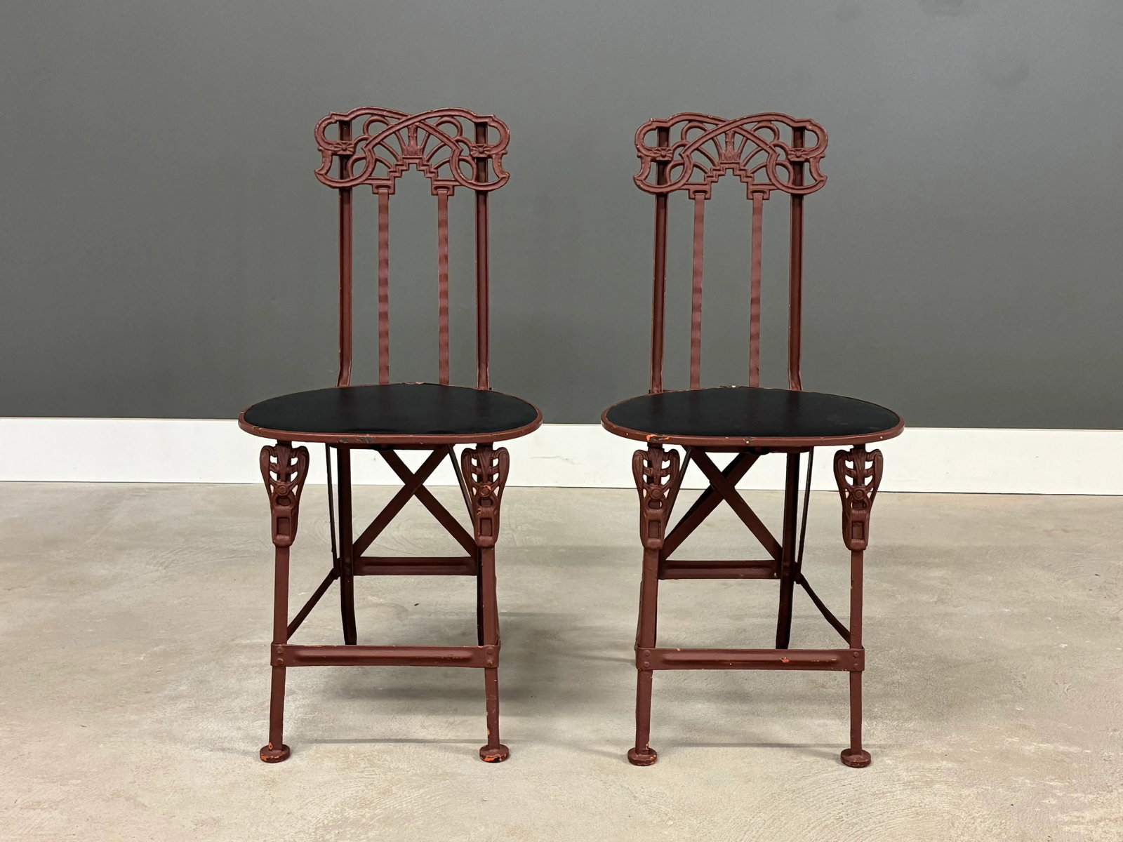 1910s Antique Cast Iron Folding Art Nouveau Chairs - A Pair - 2