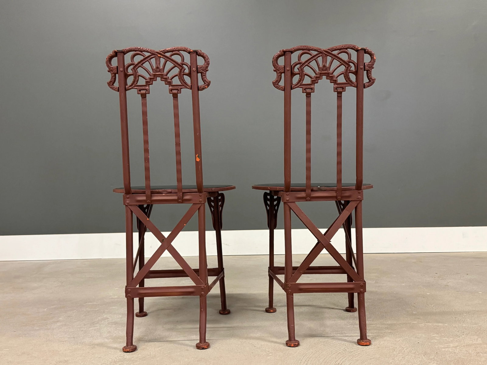 1910s Antique Cast Iron Folding Art Nouveau Chairs - A Pair - 3