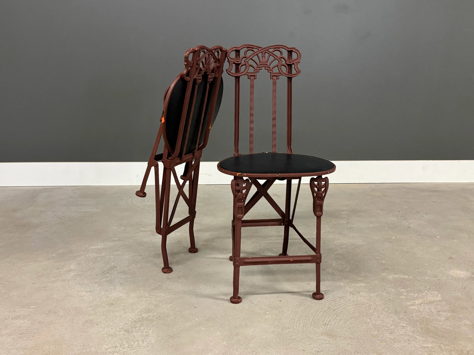 1910s Antique Cast Iron Folding Art Nouveau Chairs - A Pair - 5
