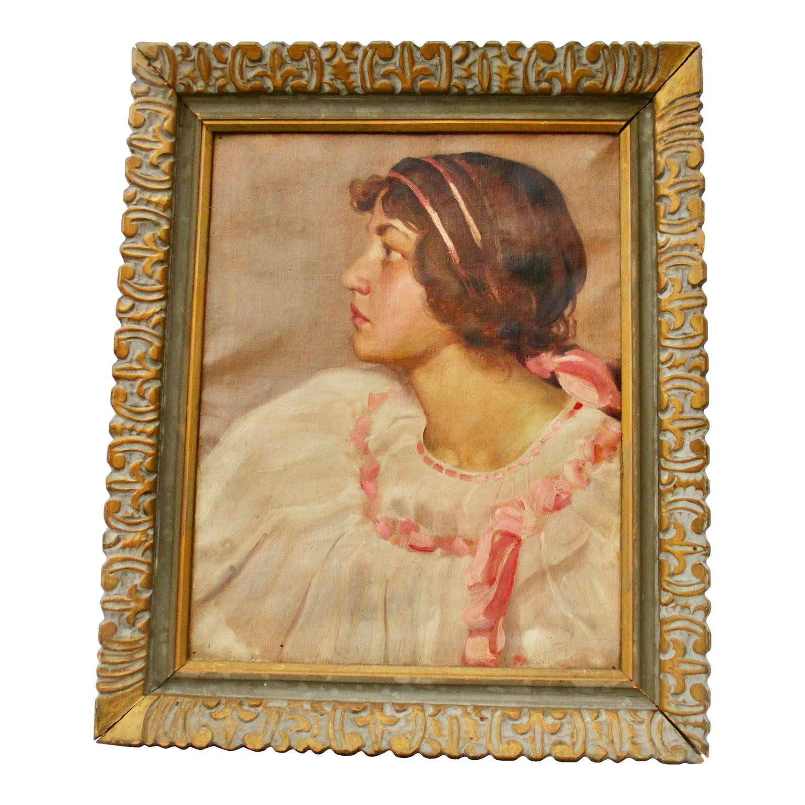 Portrait of a Young Lady in Pink and White: late 19th to early 20th-century Symbolist view of a young lady. A view of the sitter and view of the inner life of the girl, quiet, honest, sincere, and a serious young adult. A whole package in the