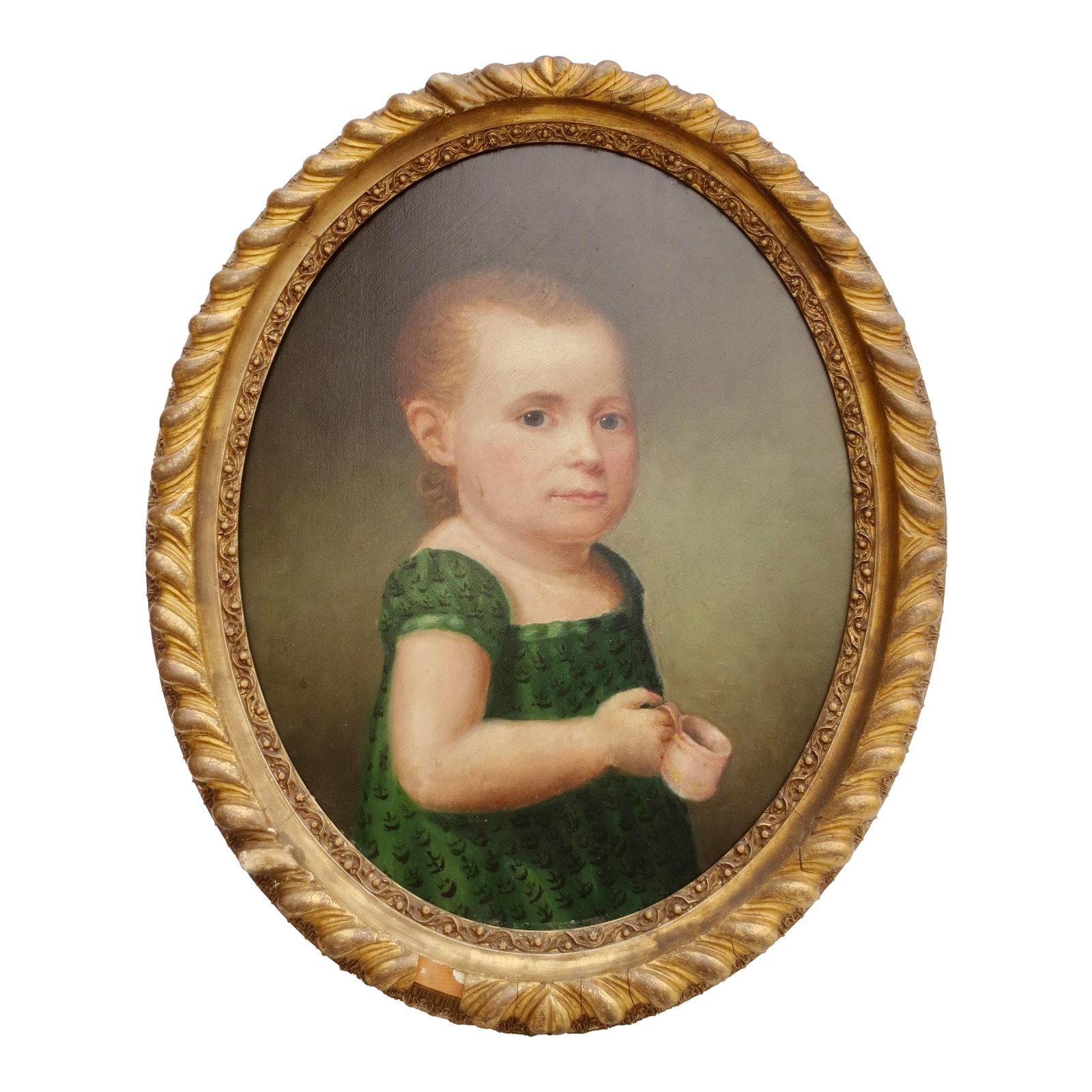 Naive Child Portrait: Early American Naive Portrait of a young child, likely a young boy due to the tradition of dressing and both sexes the same until about the age of 4 or 5. This child in a pretty dark green smock and h