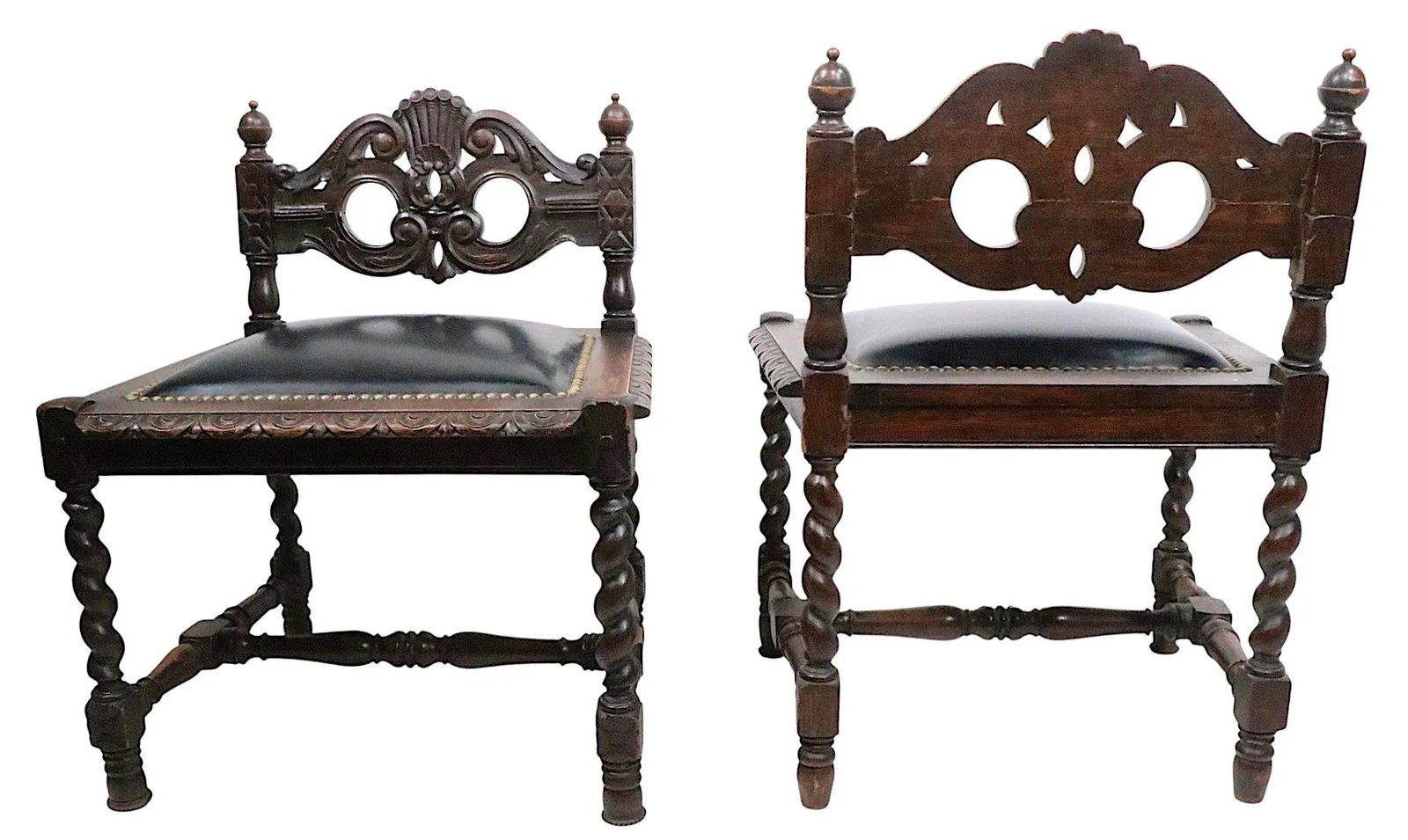Pair of Antique Oak Barley Twist Accent Chairs C. 1900's - 12