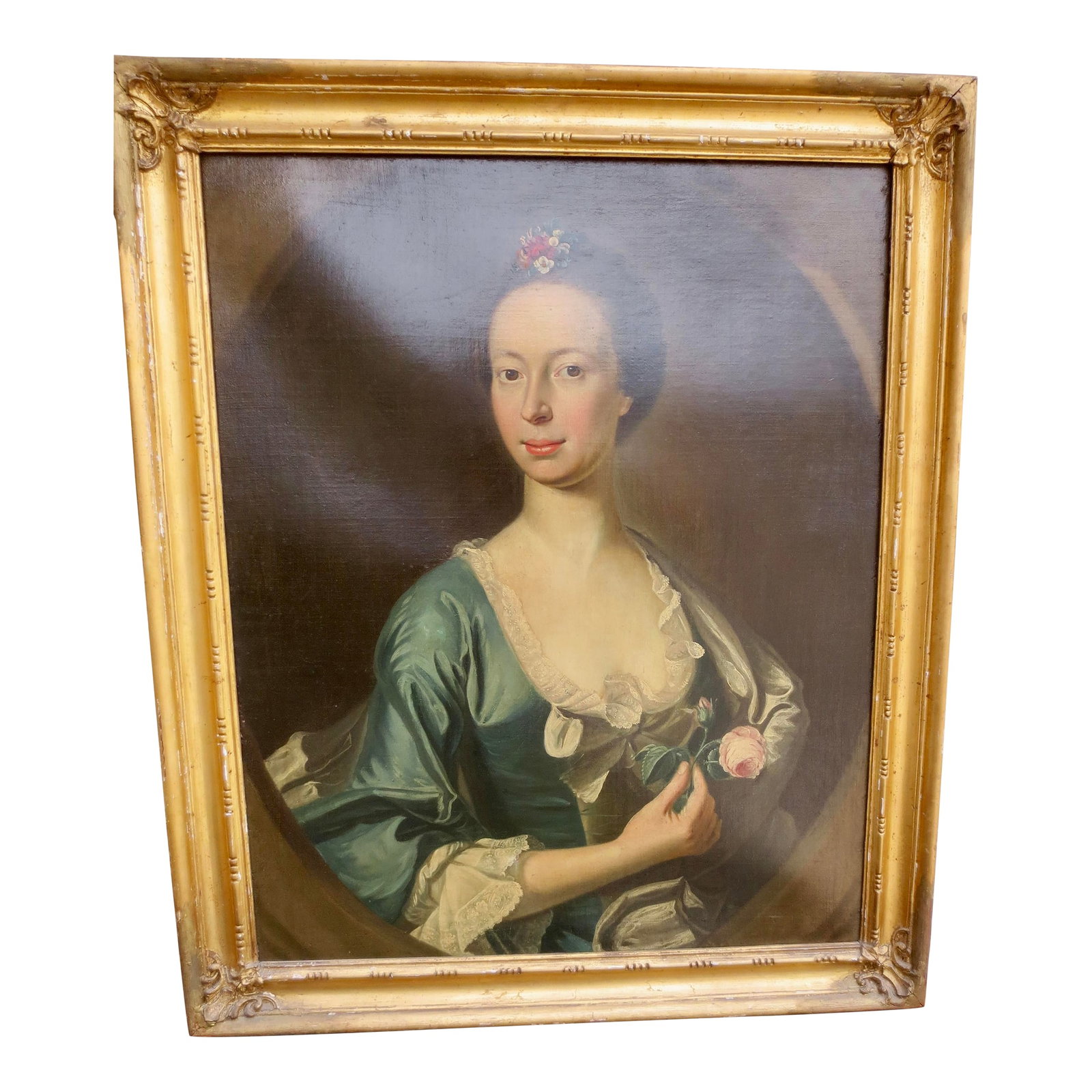 !8th Century Portrait of Noble Lady School Scottish/English Ramsey?: 18th century Scottish school Portrait of a Lady. A formal portrait set in an oval window and holding fresh flowers in her hand and a small bouquet in her hair. Dark green satin dress with white lace f