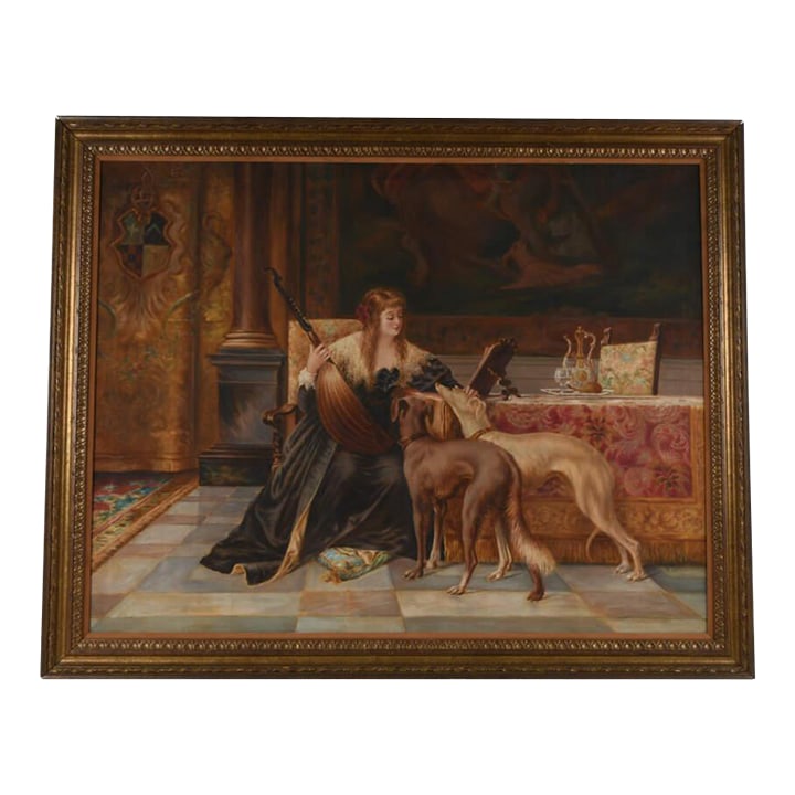 Framed Leopoldina Borzino With Two Dogs, Holding a Lute by Luigi Crosio: This Framed Leopoldina Borzino with Two Dogs, Holding a Lute by Luigi Crosio is a portrait of a woman in elegant 19th-century attire, holding a lute and accompanied by two dogs. The painting reflects 