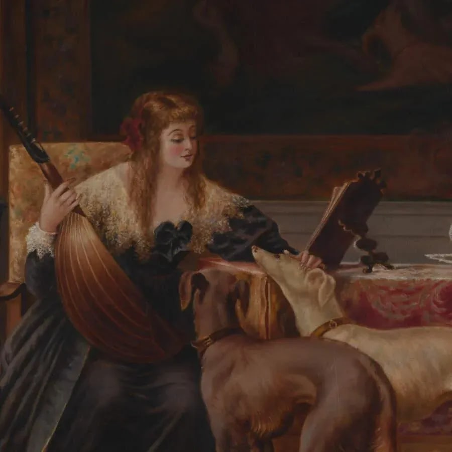 Framed Leopoldina Borzino With Two Dogs, Holding a Lute by Luigi Crosio - 3