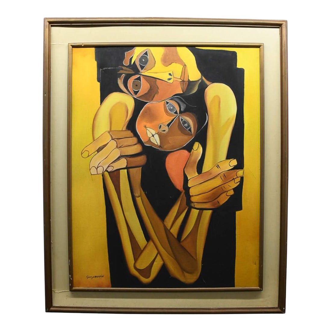 Framed Mother and Child Oil in Frame After Oswaldo Guayasamin: The Framed Mother and Child Oil in Frame After Oswaldo Guayasamin is a striking painting that captures the deep emotional connection between a mother and her child. Rendered in an expressive, cubist-i