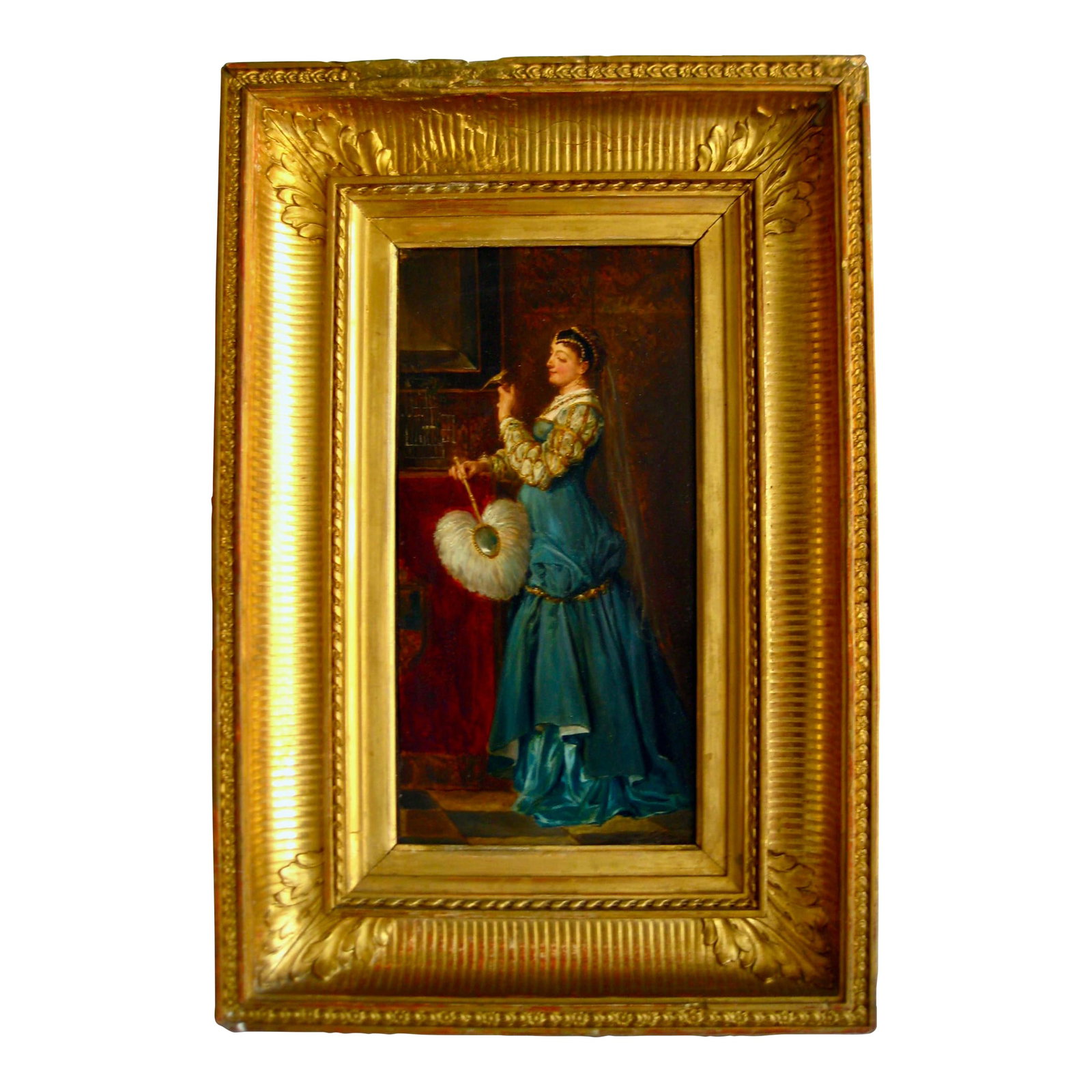 Portrait of a Lady Holding a Bird French Oil Painting Alfred Henri Darjou: Famous french painter from the 18 hundreds Alfred Henri Darjou is a listed artist , that became famous for his portraits and orientalist scenes always extremely detailed his painting are very pleasant
