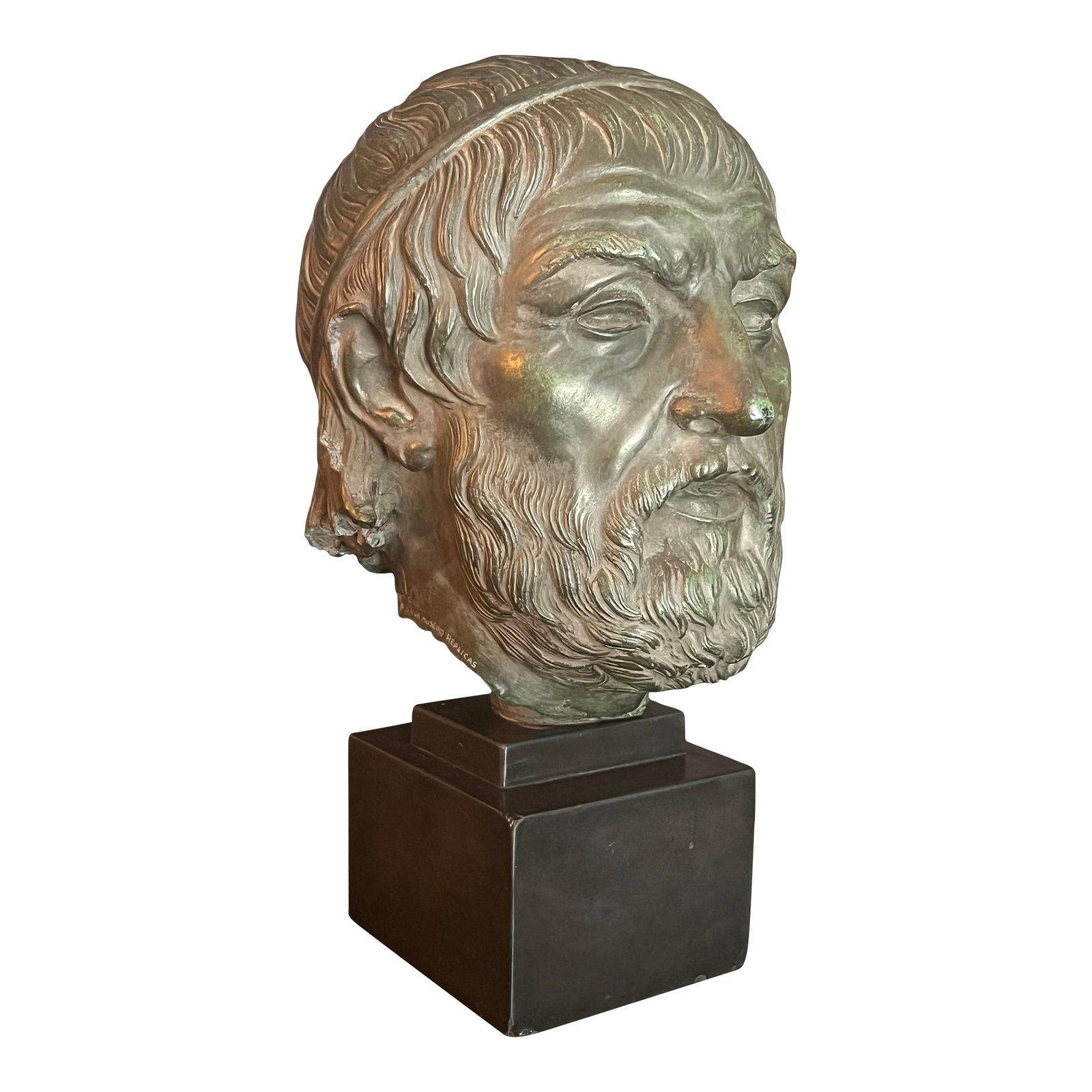 Hellenistic Bust Sophocles Bronze Reproduction 1960: Bust of the famous ancient Greek playwright Sophocles Replica of an original from the British Museum, London Cast marble produced by Alva Museum Reproductions in 1960 Condition: Alterations: Original 