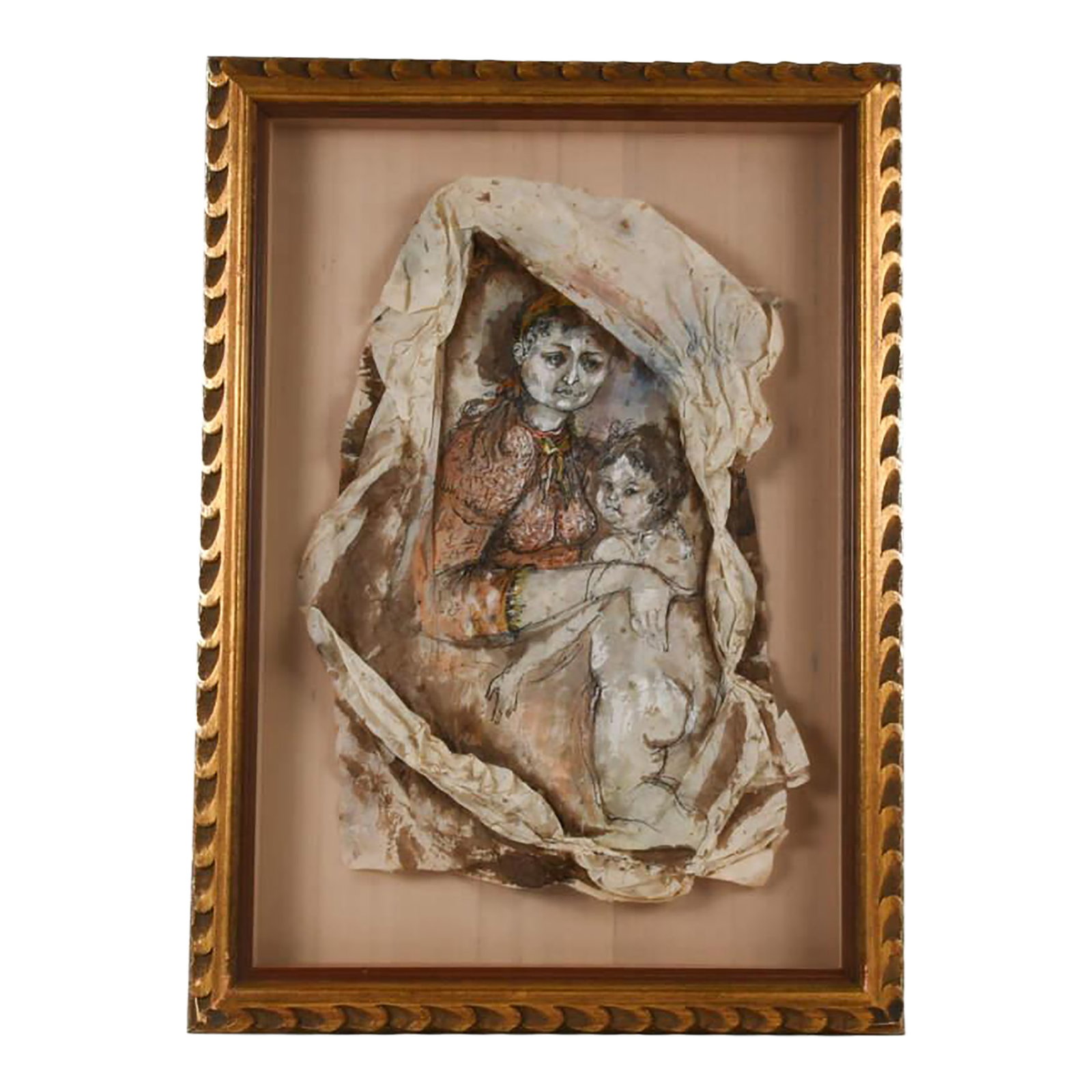 Framed Mixed Media " Woman and Child Portrait" by Rhoda Sherbell: A Framed Mixed Media "Woman and Child Portrait" by American Rhoda Sherbell (b-1933) features a stylized, expressive portrayal of a woman and child, blending abstraction with figurative elements. The p