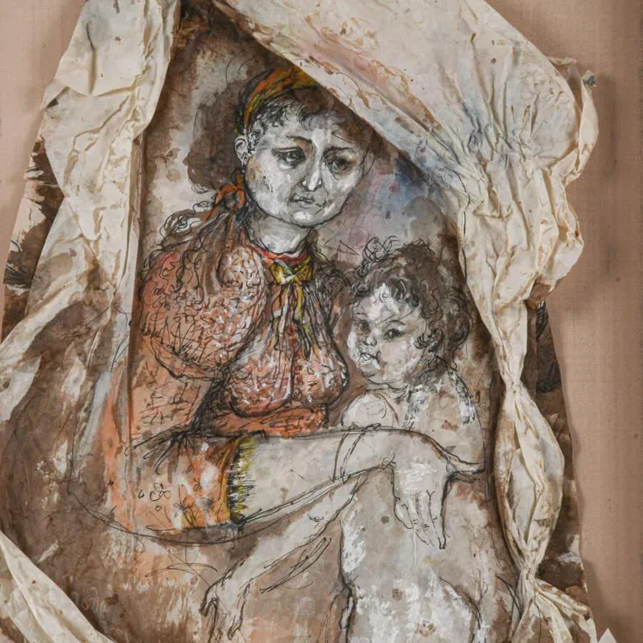 Framed Mixed Media " Woman and Child Portrait" by Rhoda Sherbell - 3
