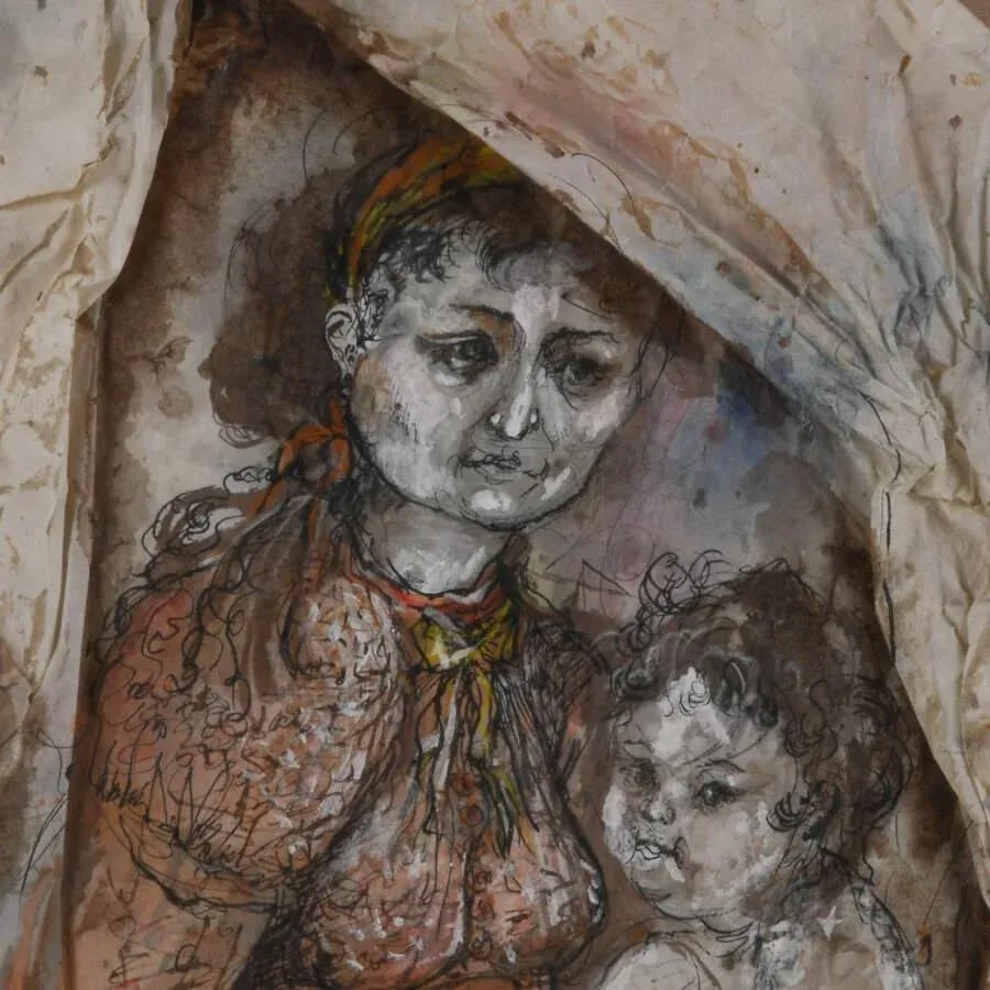 Framed Mixed Media " Woman and Child Portrait" by Rhoda Sherbell - 4