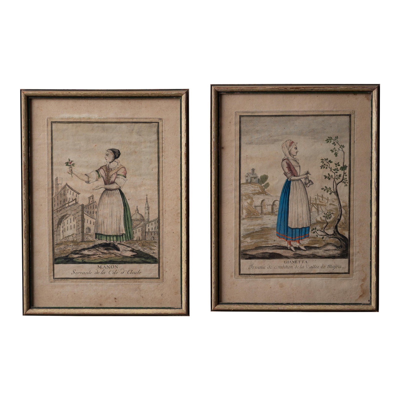 Antonio Maria Stagnon - Fashions of Piedmont, Italy Engravings, 1780: A pair of engravings from Antonio Maria Stagnon's Women's fashion in Piedmont at the end of the 18th century, published 1780. 9 1/4 by 12 1/2 inches Condition: Alterations: Original Condition