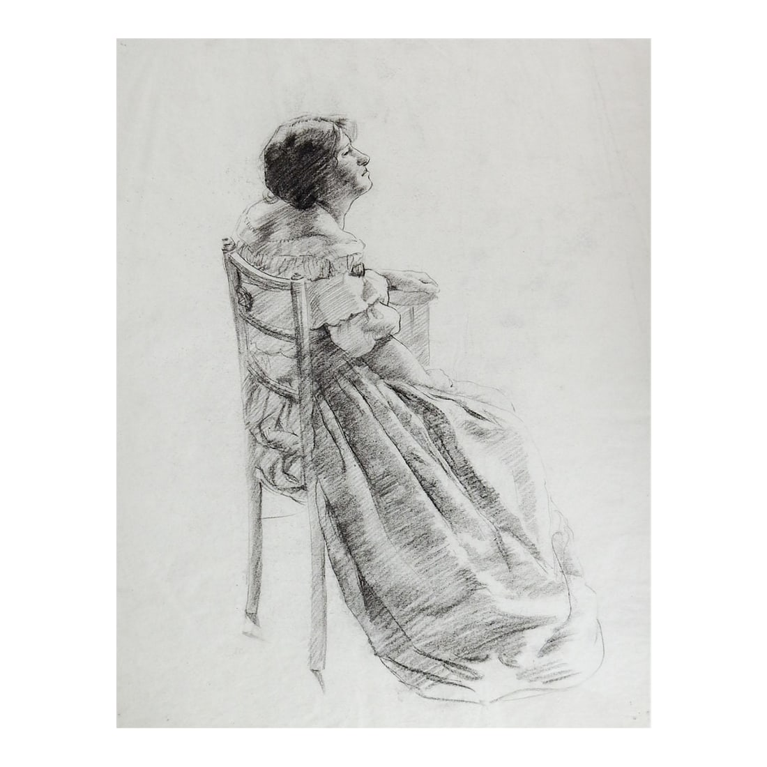 Late 19th Century Seated Woman Portrait Drawing: Late 19th century pencil on thin paper portrait study of woman seated in chair. Unsigned. Unframed, minor smudging. Condition: Alterations: Original Condition Unaltered Imperfections: Some Imperfectio