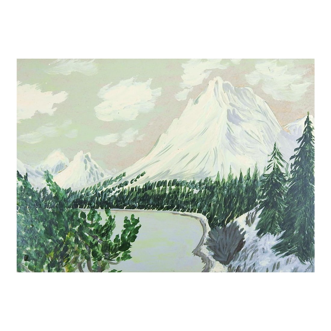 1940s Outsider Folk Art Mountain Landscape Painting: 1940's paint on paper outsider folk art painting of a mountain landscape by Clarence Floyd Shade (1902-1976) Polson, Montana. Unsigned, two hole sheet. Unframed, age toning, corner loss. Condition: Al