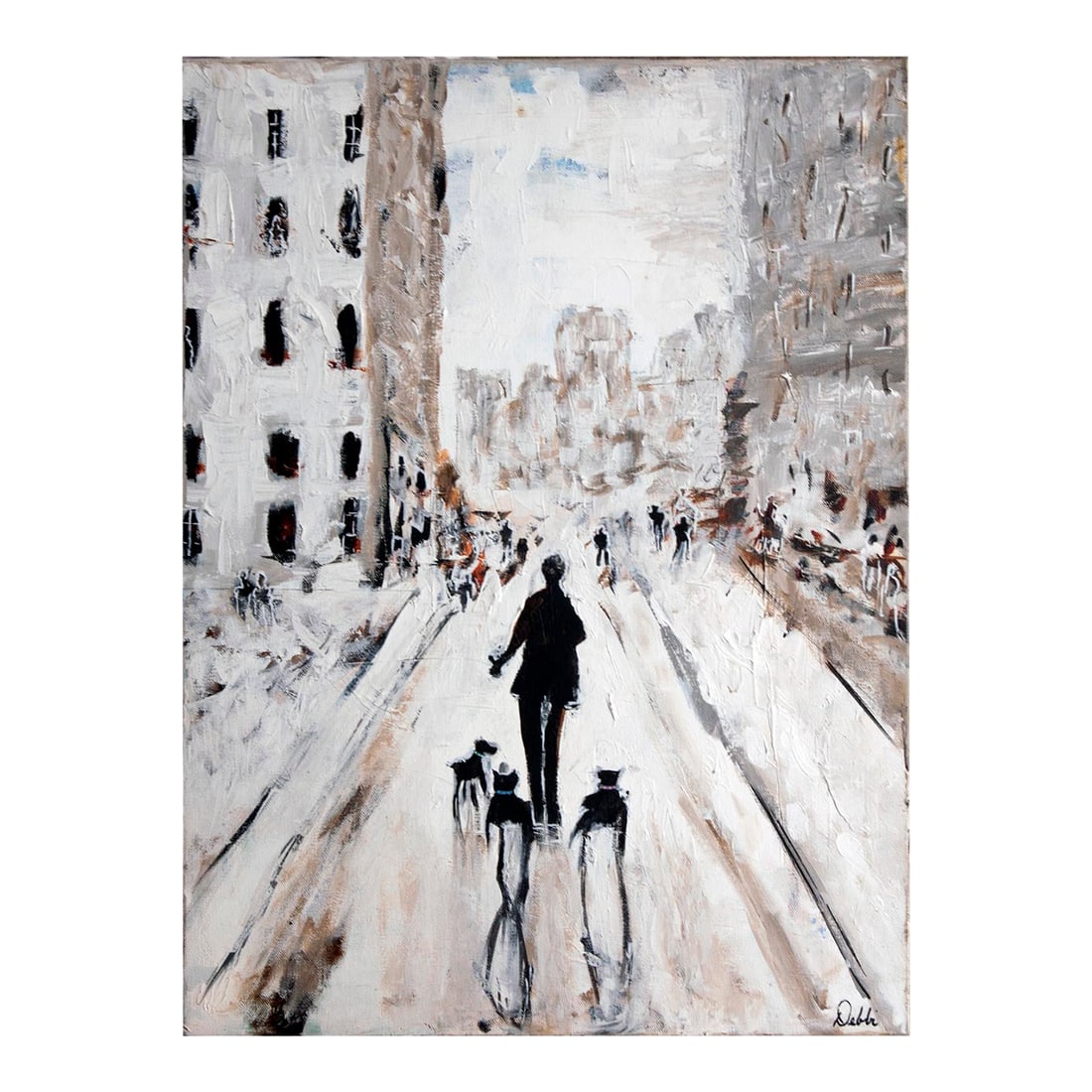Oil Painting Dog Walking in the City: A Charming Oil Painting on Canvas of "Dog Walking in the City" Signed. In Black and White and muted tones. Condition: Alterations: Original Condition Unaltered Imperfections: Some Imperfections