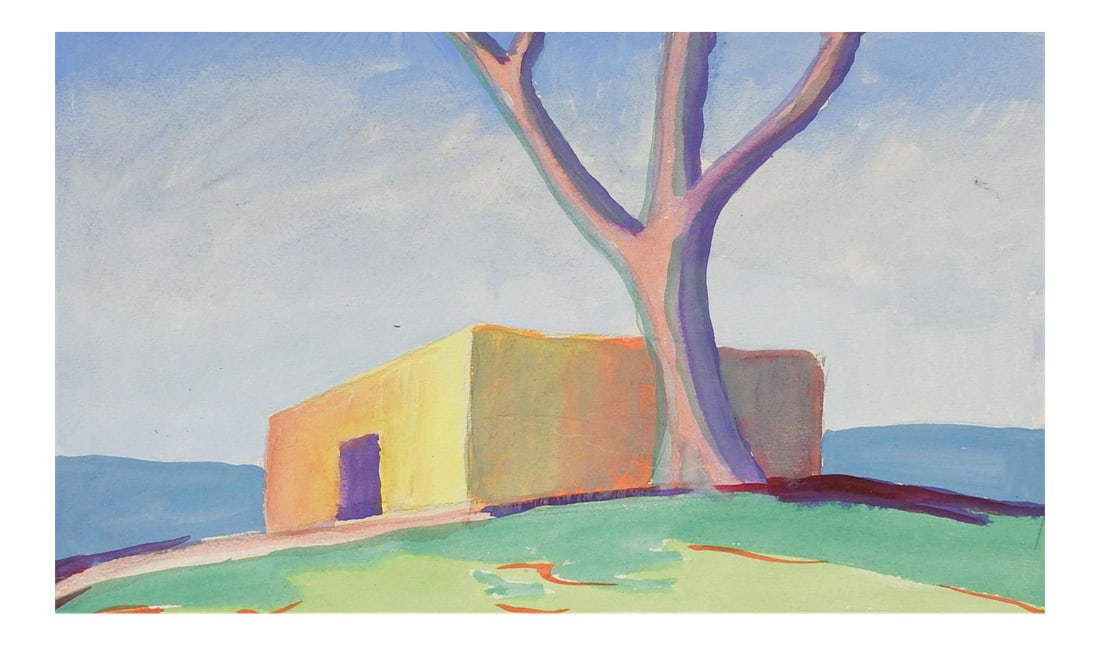 Mid Century Modernist Adobe Landscape Gouache Painting (1 of 3)