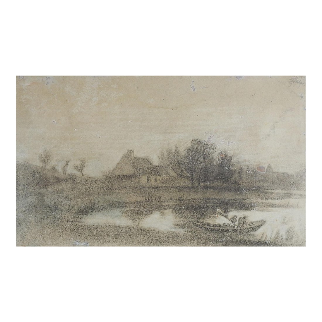 Late 19th Century Pastoral Lake Cottage Charcoal Drawing: Late 19th century pastoral charcoal drawing of cottage by a lake with fishermen. Unsigned. Unframed, mounted firmly on cardboard backing, overall wear with scattered paper losses. Condition: Alteratio