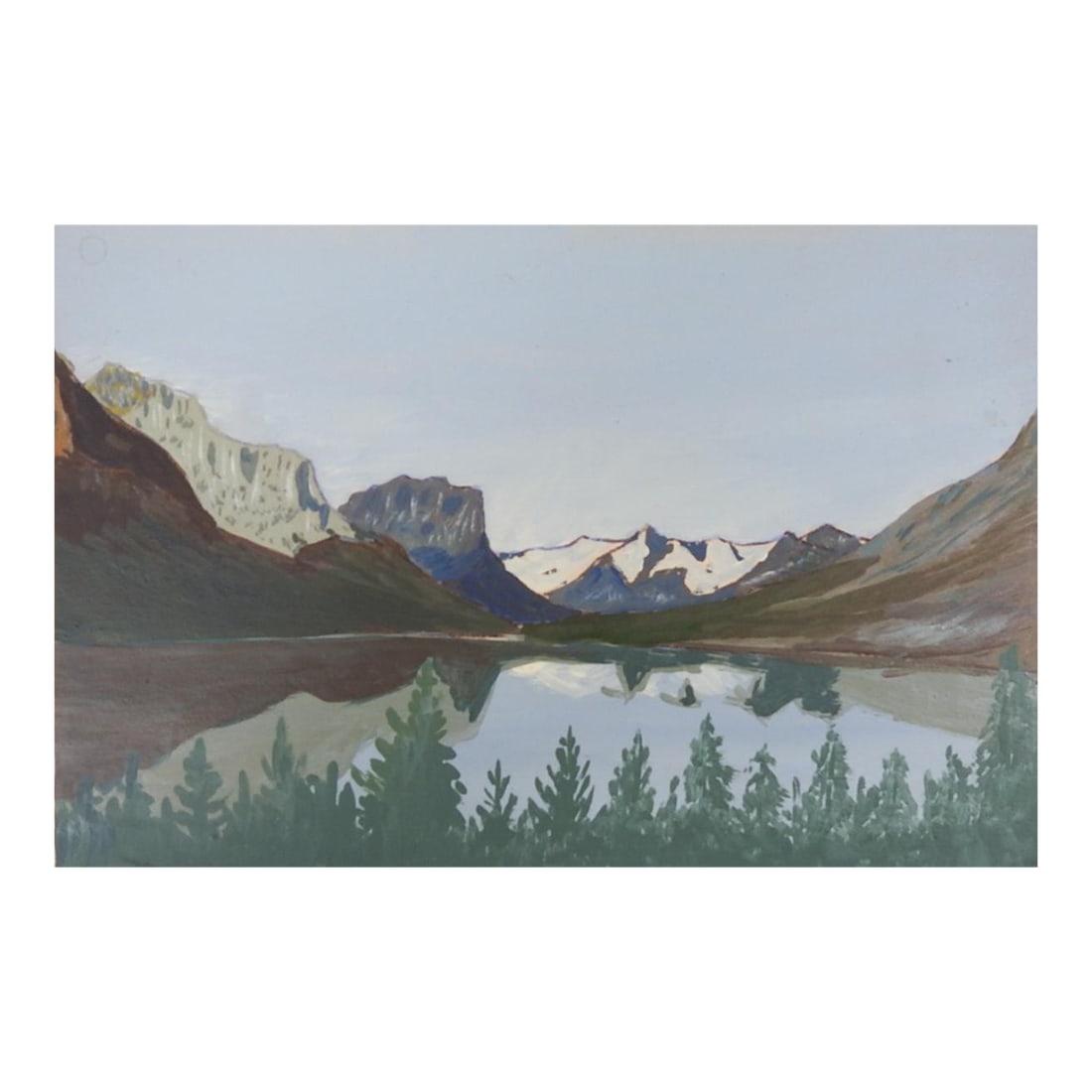 1940s Outsider Folk Art Mountain Lake Landscape Painting: 1940's oil on paper outsider folk art painting of a mountain lake landscape by Clarence Floyd Shade (1902-1976) Polson, Montana. Unsigned. Unframed, painted on two hole paper, age toning, corner loss.