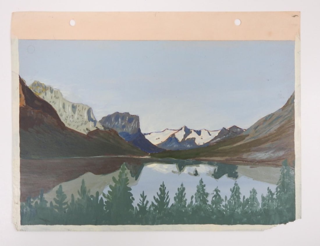 1940s Outsider Folk Art Mountain Lake Landscape Painting - 3
