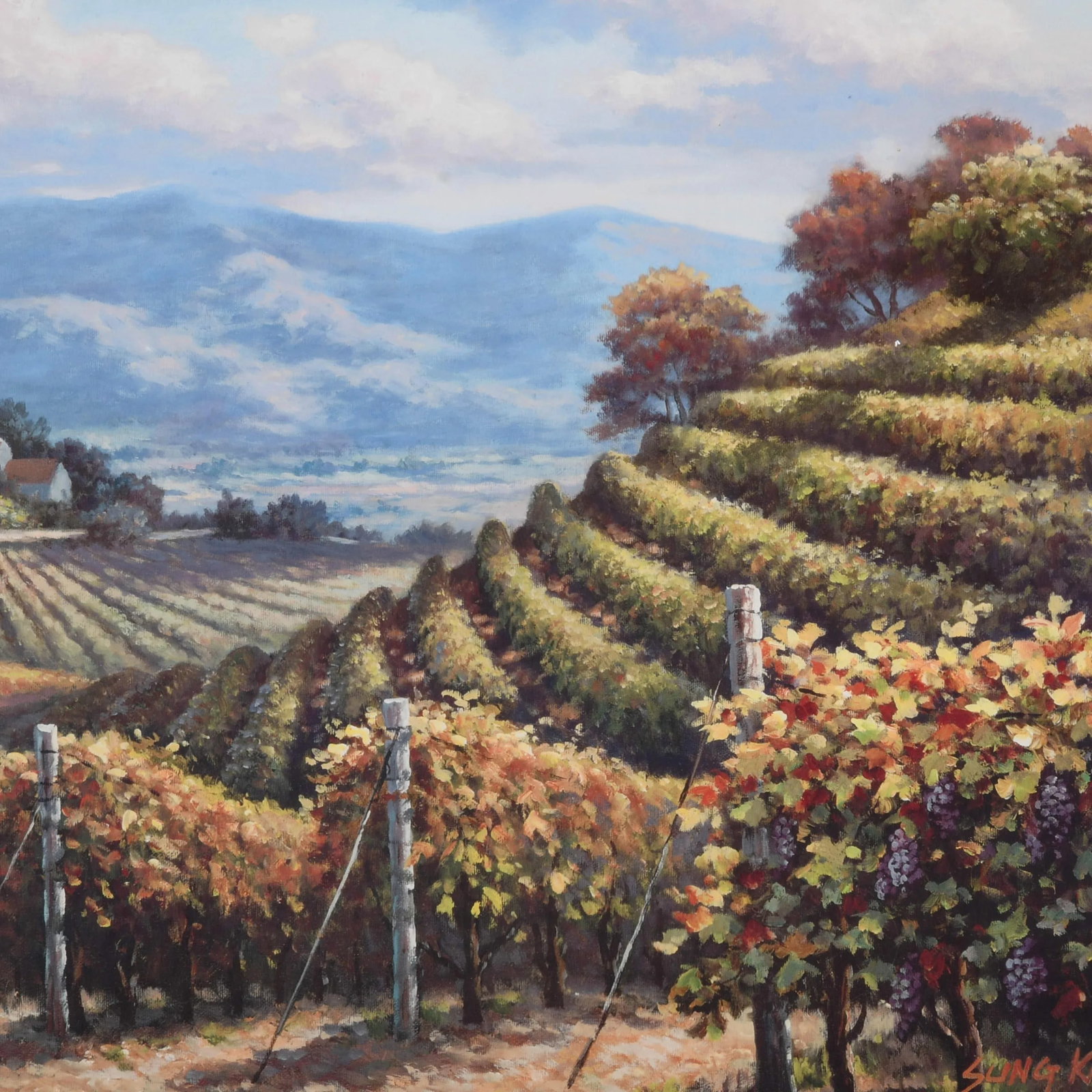 Framed Signed Sung Kim Vineyard Village Print - 3