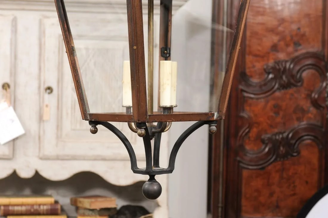 French Four-Light Copper and Glass Tapering Lantern USA Wired - 10