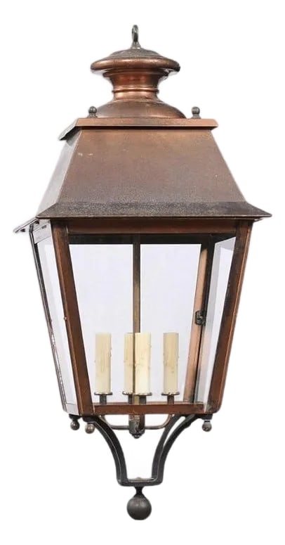French Four-Light Copper and Glass Tapering Lantern USA Wired: This French copper lantern from the 20th century radiates a warm, rustic charm, offering a perfect balance of classic design and practical illumination. Featuring a single light ensconced within clear