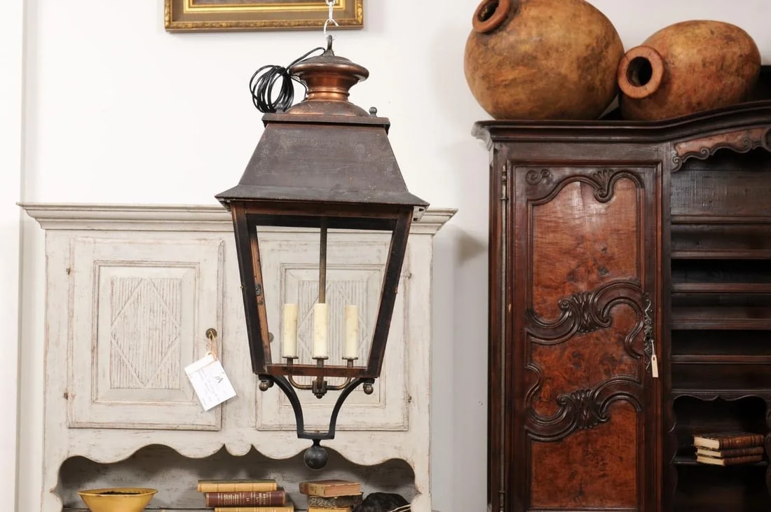 French Four-Light Copper and Glass Tapering Lantern USA Wired - 2